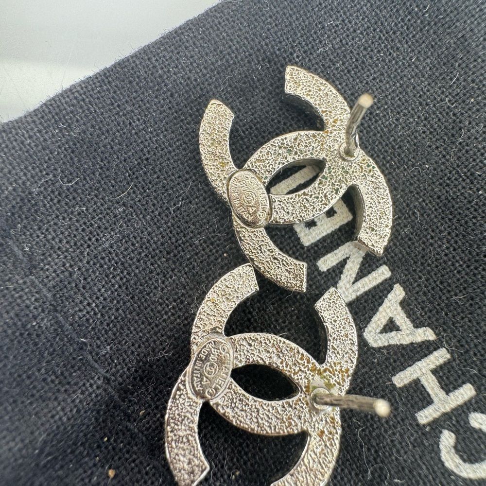Chanel CC Enamel Glitter Silver Tone Stud Earrings - Picture 8 of 11